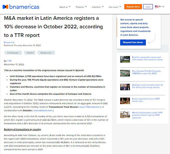 M&A market in Latin America registers a 10% decrease in October 2022, according to a TTR report
